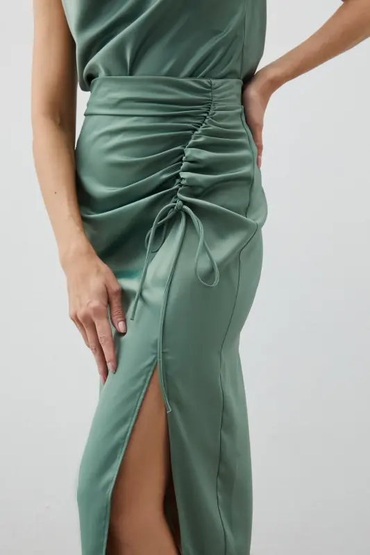 Smocked Detail Satin Skirt - KHAKI-KHAKI - 3