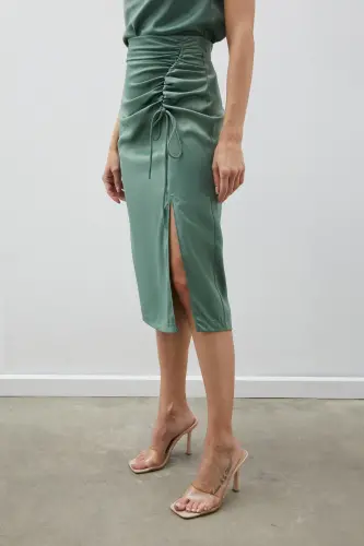 Smocked Detail Satin Skirt - KHAKI-KHAKI - 4