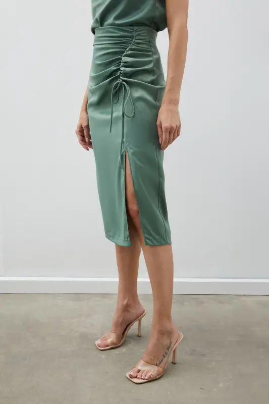 Smocked Detail Satin Skirt - KHAKI-KHAKI - 4