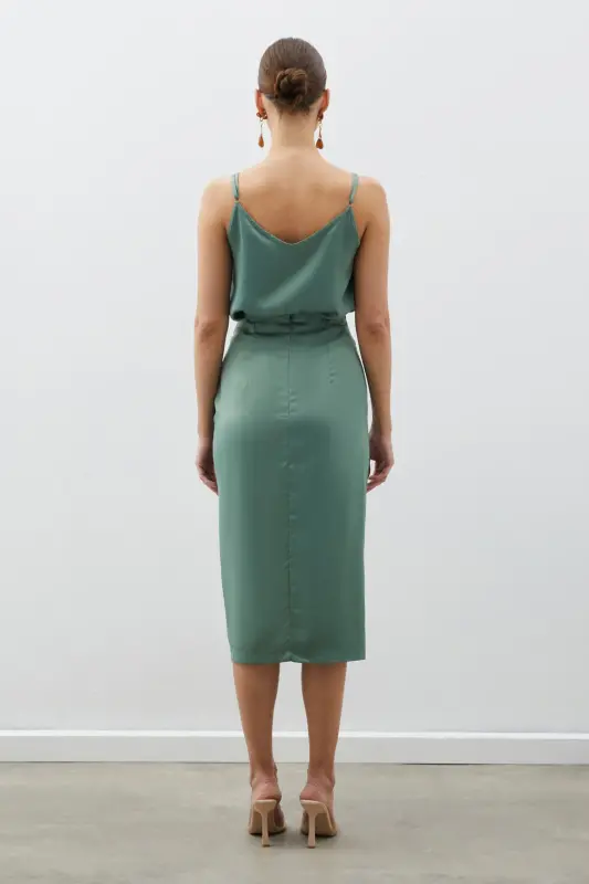 Smocked Detail Satin Skirt - KHAKI-KHAKI - 5