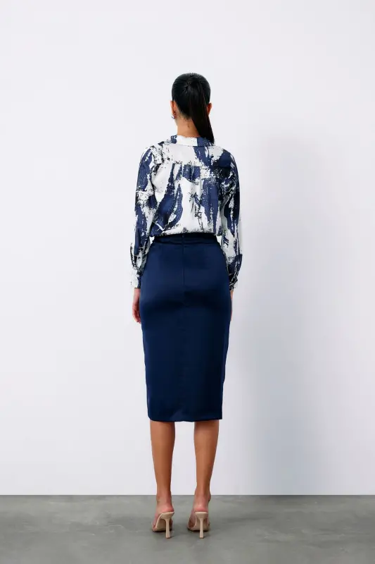 Smocked Detail Satin Skirt - NAVY BLUE-NAVY BLUE - 6
