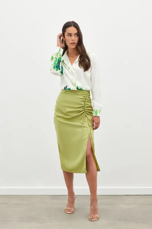 Smocked Detail Satin Skirt - Oil Green-OIL GREEN - SATEEN