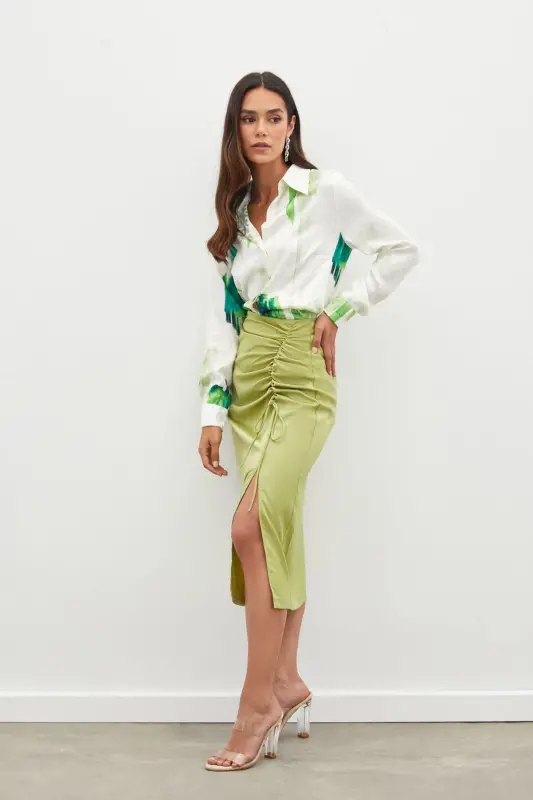 Smocked Detail Satin Skirt - Oil Green-OIL GREEN - 2