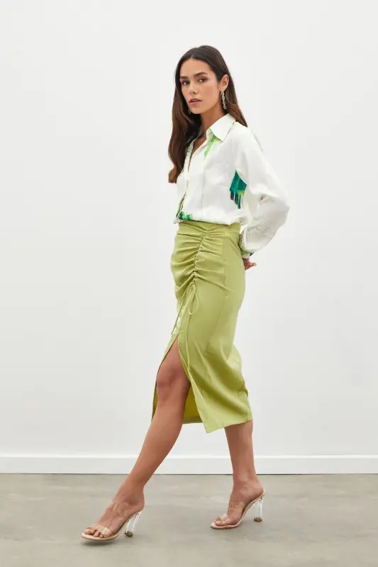 Smocked Detail Satin Skirt - Oil Green-OIL GREEN - 5