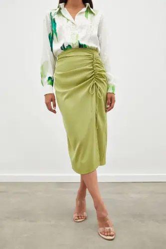 Smocked Detail Satin Skirt - Oil Green-OIL GREEN - 6