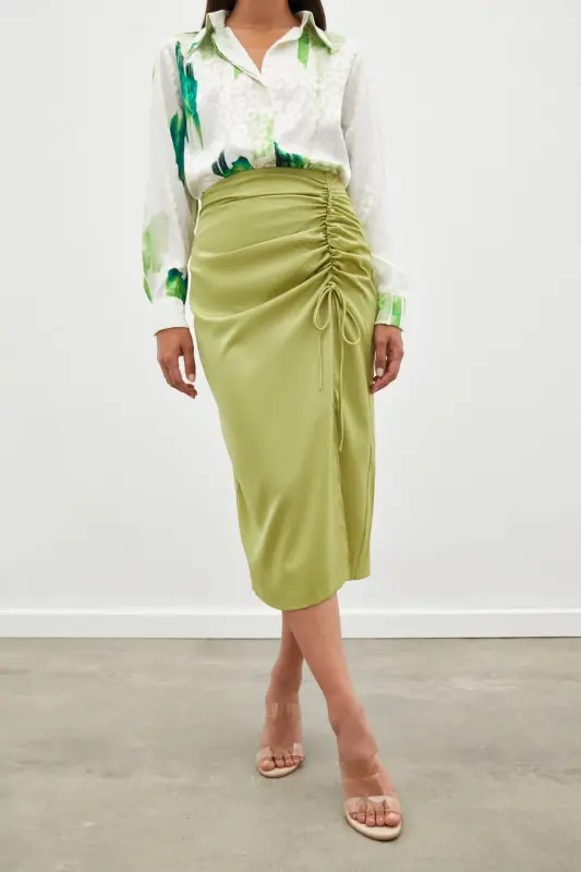 Smocked Detail Satin Skirt - Oil Green-OIL GREEN - 6