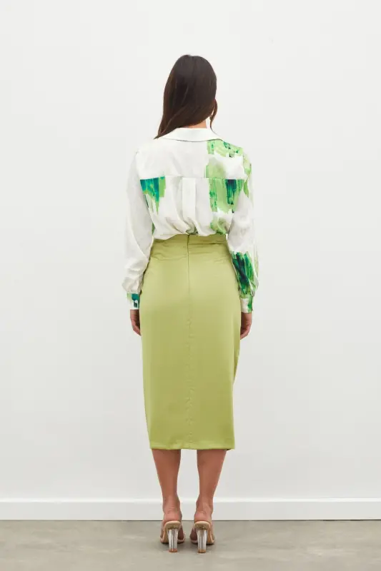 Smocked Detail Satin Skirt - Oil Green-OIL GREEN - 7