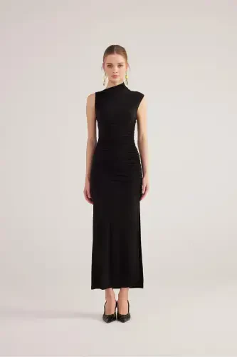 Smocked Detail Slit Long Lily Dress Black-Black - 6