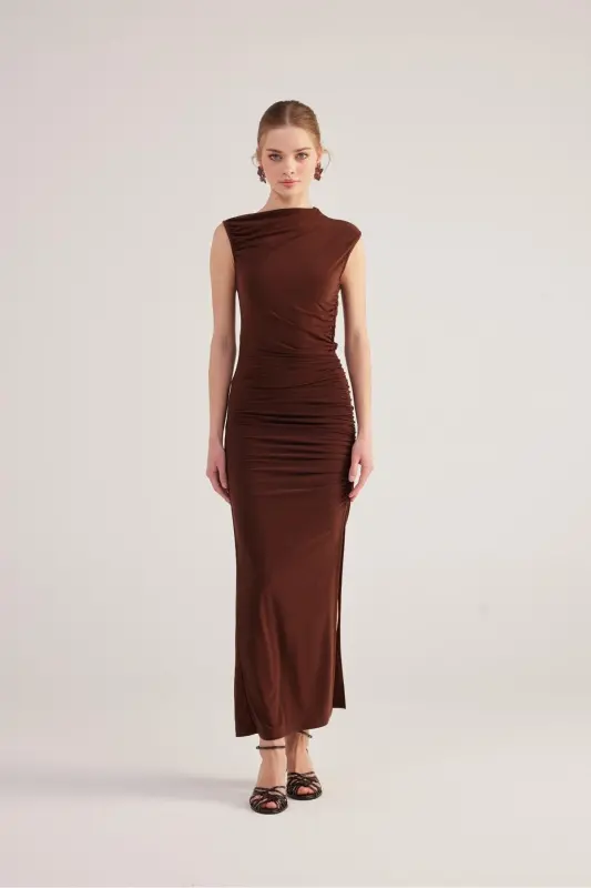 Smocked Detail Slit Long Lily Dress Coffee - 8