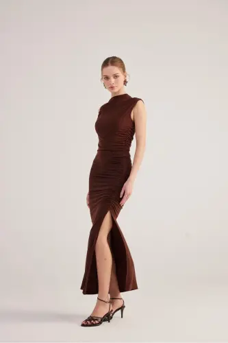 Smocked Detail Slit Long Lily Dress Coffee - 9