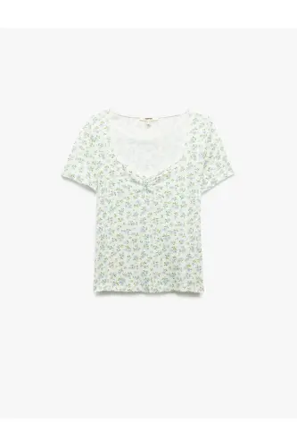 Smocked Detail Square Neck Slim Fit Cotton Floral T-Shirt - 3