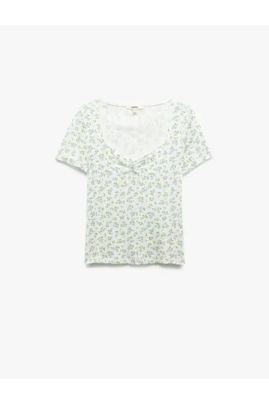 Smocked Detail Square Neck Slim Fit Cotton Floral T-Shirt - 3
