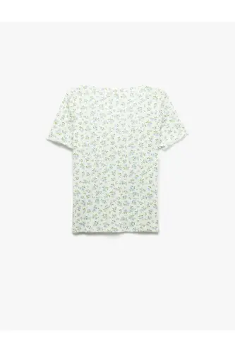 Smocked Detail Square Neck Slim Fit Cotton Floral T-Shirt - 4