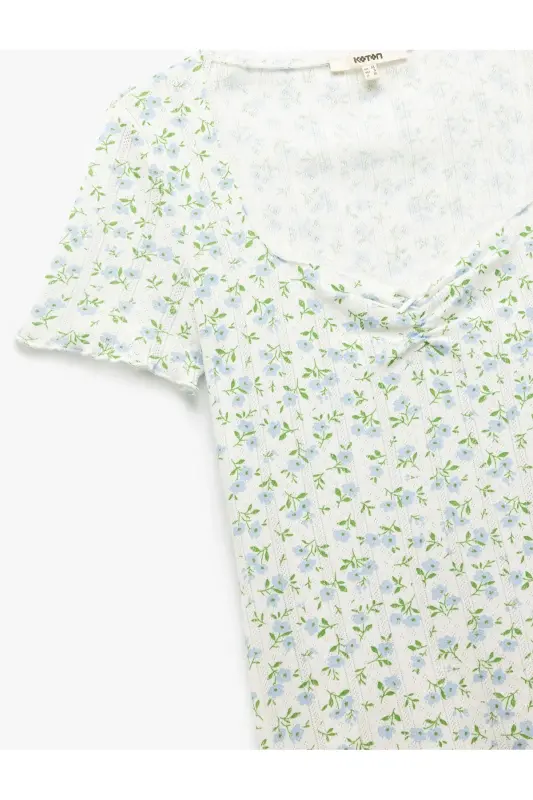 Smocked Detail Square Neck Slim Fit Cotton Floral T-Shirt - 5