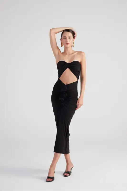 Smocked Detail Strapless Slit Hailey Dress Black-Black - 3