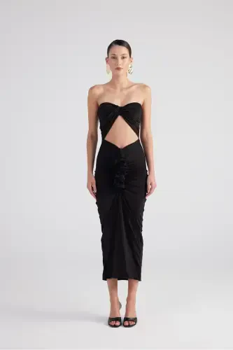 Smocked Detail Strapless Slit Hailey Dress Black-Black - 4