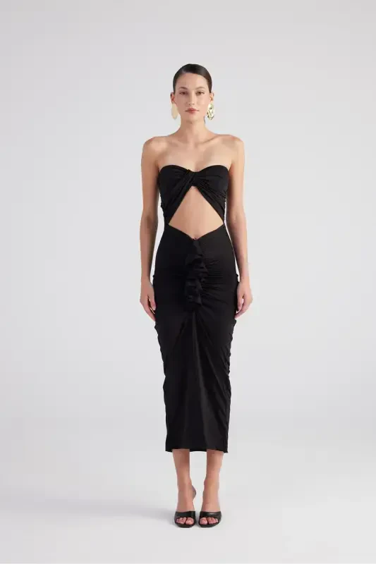 Smocked Detail Strapless Slit Hailey Dress Black-Black - 4