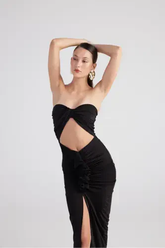 Smocked Detail Strapless Slit Hailey Dress Black-Black - 5