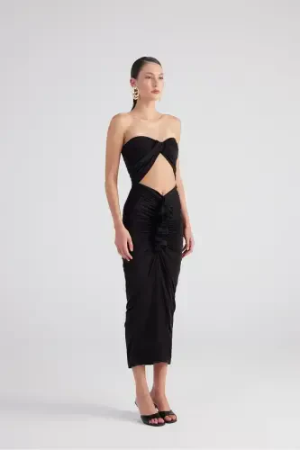 Smocked Detail Strapless Slit Hailey Dress Black-Black - 6