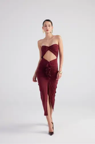 Smocked Detail Strapless Slit Hailey Dress Bor - 6