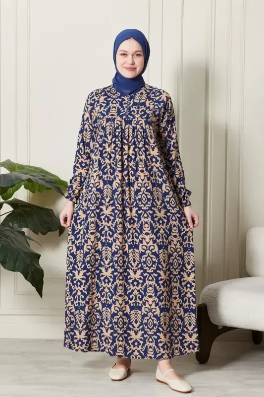 Smocked Yoke Button-Down Viscose Fabric Modest Wear Mom Dress Prayer Dress-Ethnic Pattern Blue - FISTAN