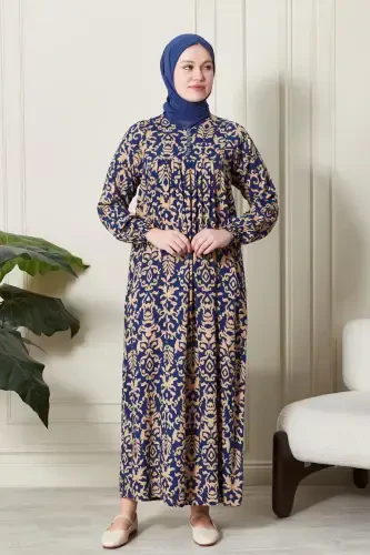 Smocked Yoke Button-Down Viscose Fabric Modest Wear Mom Dress Prayer Dress-Ethnic Pattern Blue - FISTAN (1)