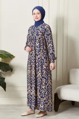 Smocked Yoke Button-Down Viscose Fabric Modest Wear Mom Dress Prayer Dress-Ethnic Pattern Blue - 3