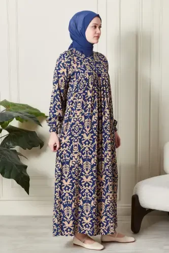 Smocked Yoke Button-Down Viscose Fabric Modest Wear Mom Dress Prayer Dress-Ethnic Pattern Blue - 4