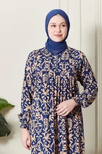 Smocked Yoke Button-Down Viscose Fabric Modest Wear Mom Dress Prayer Dress-Ethnic Pattern Blue - 5