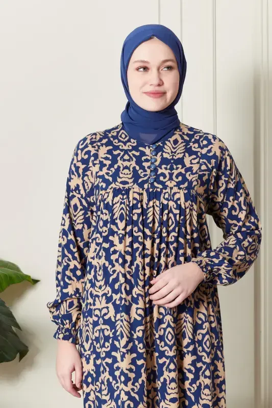 Smocked Yoke Button-Down Viscose Fabric Modest Wear Mom Dress Prayer Dress-Ethnic Pattern Blue - 5