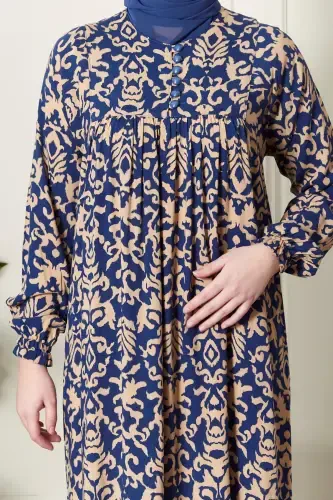 Smocked Yoke Button-Down Viscose Fabric Modest Wear Mom Dress Prayer Dress-Ethnic Pattern Blue - 6