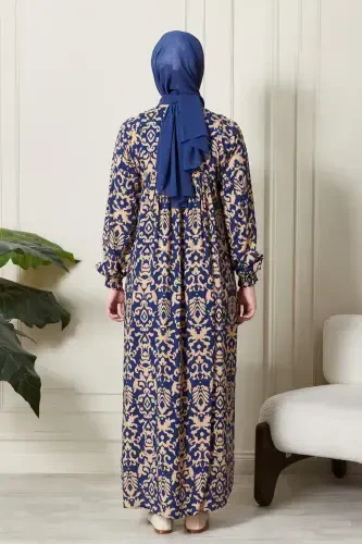 Smocked Yoke Button-Down Viscose Fabric Modest Wear Mom Dress Prayer Dress-Ethnic Pattern Blue - 7