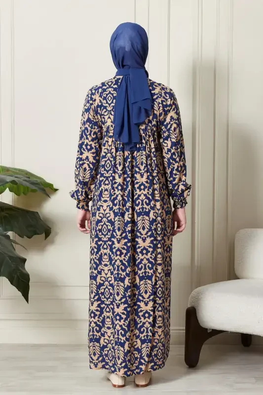 Smocked Yoke Button-Down Viscose Fabric Modest Wear Mom Dress Prayer Dress-Ethnic Pattern Blue - 7