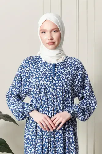 Smocked Yoke Button-Down Viscose Fabric Modest Wear Mother Dress Prayer Dress-Blue21 - 1