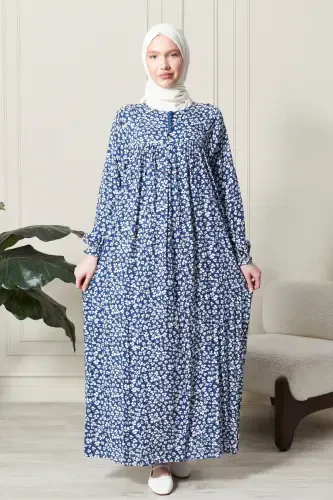 Smocked Yoke Button-Down Viscose Fabric Modest Wear Mother Dress Prayer Dress-Blue21 - 4