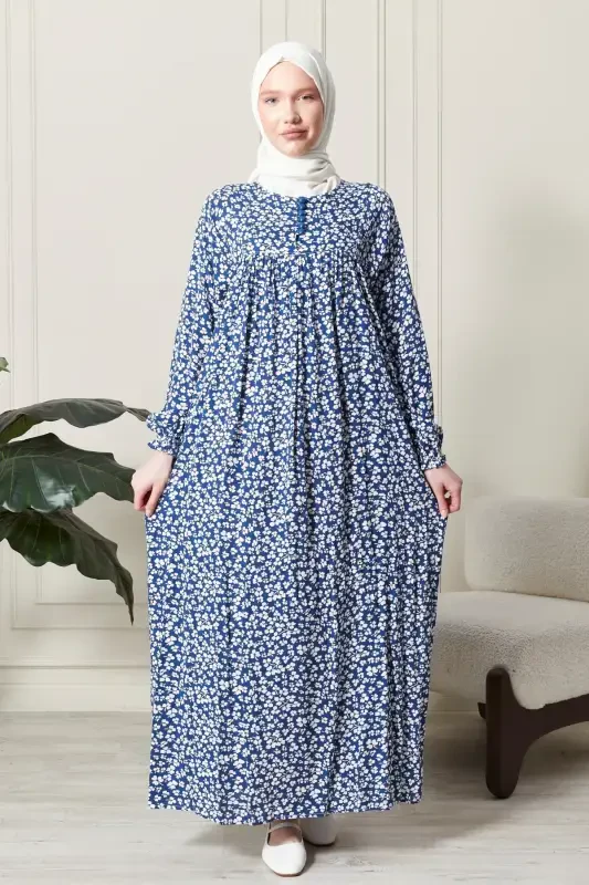 Smocked Yoke Button-Down Viscose Fabric Modest Wear Mother Dress Prayer Dress-Blue21 - 4