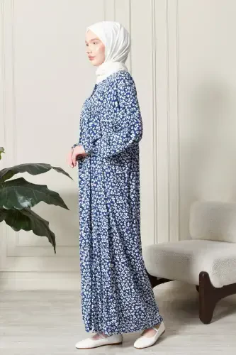 Smocked Yoke Button-Down Viscose Fabric Modest Wear Mother Dress Prayer Dress-Blue21 - 5