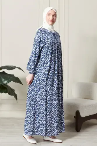 Smocked Yoke Button-Down Viscose Fabric Modest Wear Mother Dress Prayer Dress-Blue21 - 6