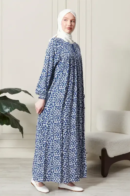 Smocked Yoke Button-Down Viscose Fabric Modest Wear Mother Dress Prayer Dress-Blue21 - 6