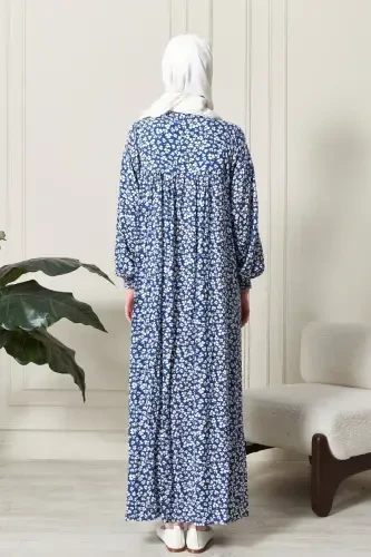 Smocked Yoke Button-Down Viscose Fabric Modest Wear Mother Dress Prayer Dress-Blue21 - 7