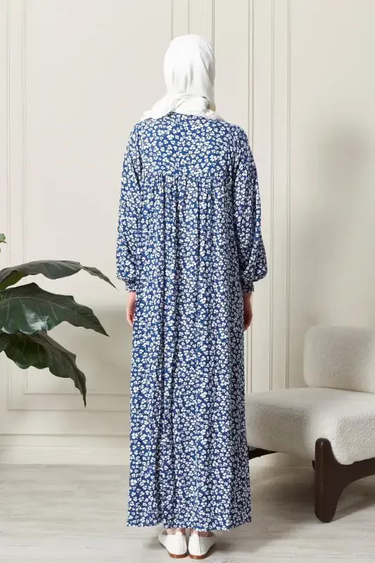 Smocked Yoke Button-Down Viscose Fabric Modest Wear Mother Dress Prayer Dress-Blue21 - 7