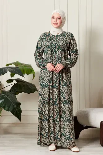 Smocked Yoke Button-Down Viscose Fabric Modest Wear Mother Dress Prayer Dress-Ethnic Pattern Green 2 - FISTAN (1)