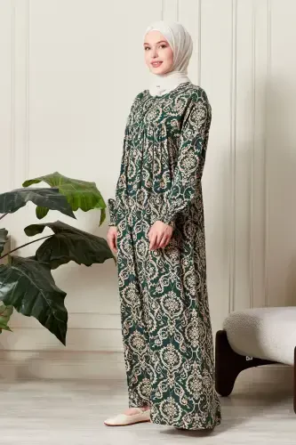 Smocked Yoke Button-Down Viscose Fabric Modest Wear Mother Dress Prayer Dress-Ethnic Pattern Green 2 - 3