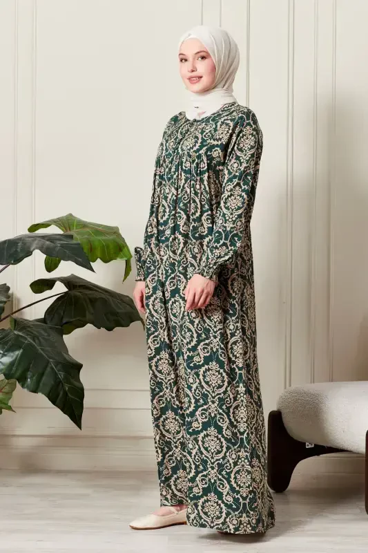 Smocked Yoke Button-Down Viscose Fabric Modest Wear Mother Dress Prayer Dress-Ethnic Pattern Green 2 - 3