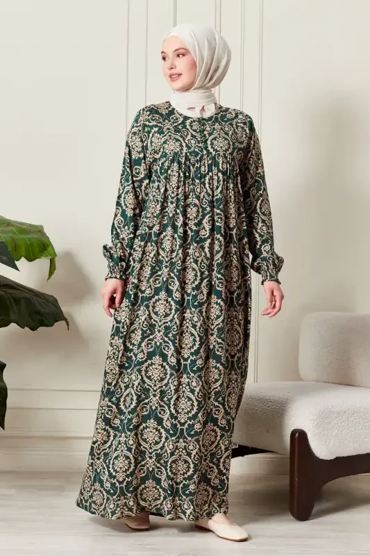 Smocked Yoke Button-Down Viscose Fabric Modest Wear Mother Dress Prayer Dress-Ethnic Pattern Green 2 - 4