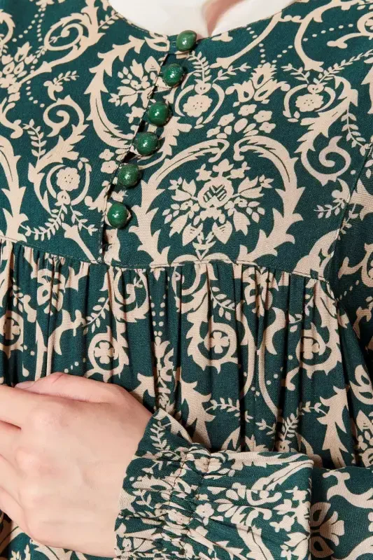 Smocked Yoke Button-Down Viscose Fabric Modest Wear Mother Dress Prayer Dress-Ethnic Pattern Green 2 - 6