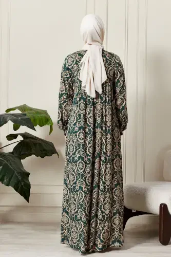Smocked Yoke Button-Down Viscose Fabric Modest Wear Mother Dress Prayer Dress-Ethnic Pattern Green 2 - 7