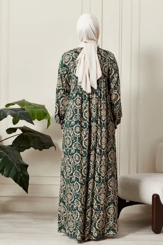 Smocked Yoke Button-Down Viscose Fabric Modest Wear Mother Dress Prayer Dress-Ethnic Pattern Green 2 - 7