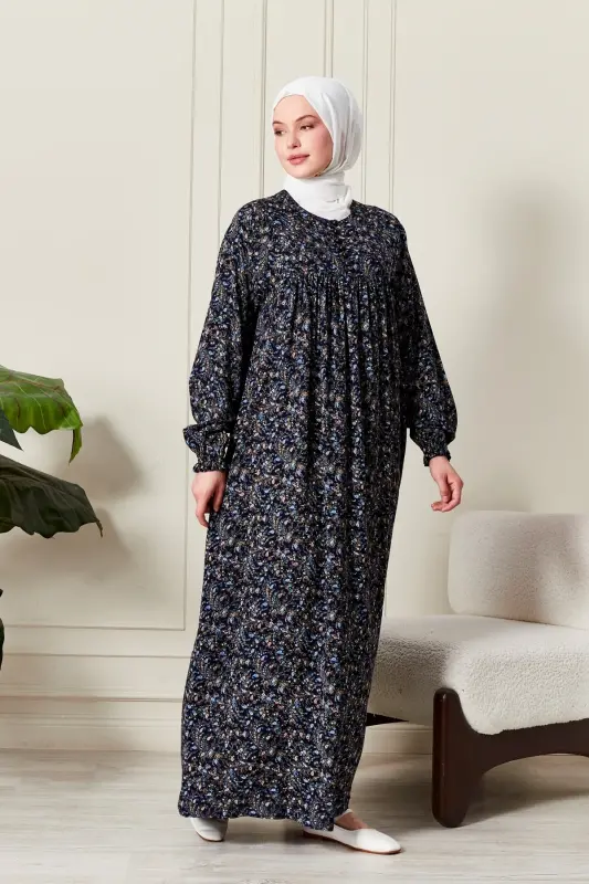 Smocked Yoke Button-Down Viscose Fabric Modest Wear Mother Dress Prayer Dress-Shawl Pattern Navy Blue - 1