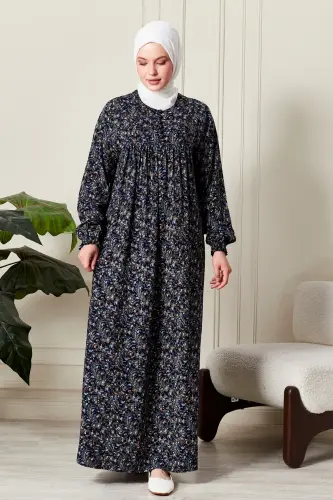 Smocked Yoke Button-Down Viscose Fabric Modest Wear Mother Dress Prayer Dress-Shawl Pattern Navy Blue - FISTAN (1)